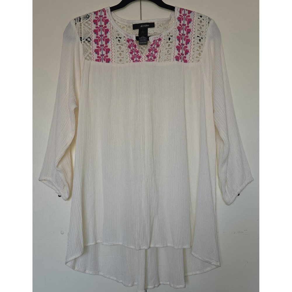 ALI MILES Embroidered Boho Rayon Tunic Top  Sz L ~EUC ~